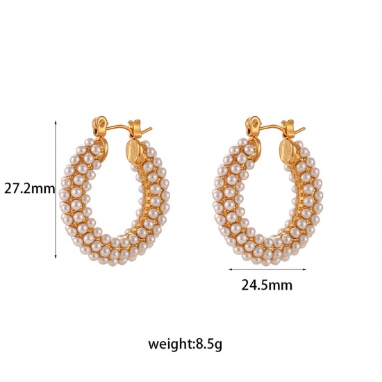 Picture of 1 Pair Vacuum Plating Dainty Stylish 18K Real Gold Plated 304 Stainless Steel U-shaped Imitation Pearl Hoop Earrings For Women 2.7cm x 2.5cm