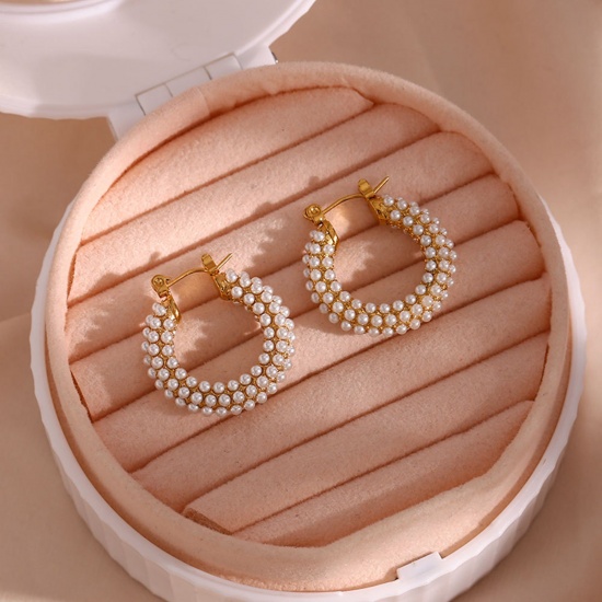 Picture of 1 Pair Vacuum Plating Dainty Stylish 18K Real Gold Plated 304 Stainless Steel U-shaped Imitation Pearl Hoop Earrings For Women 2.7cm x 2.5cm