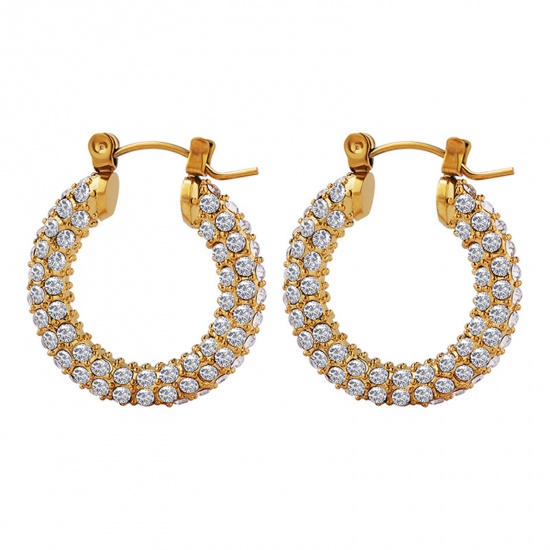 Picture of 1 Pair Vacuum Plating Exquisite Stylish 18K Real Gold Plated 304 Stainless Steel & Rhinestone U-shaped Hoop Earrings For Women 2.5cm x 2.2cm