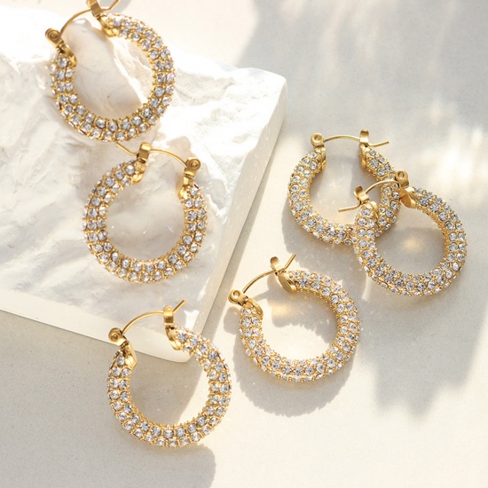 Picture of 1 Pair Vacuum Plating Exquisite Stylish 18K Real Gold Plated 304 Stainless Steel & Rhinestone U-shaped Hoop Earrings For Women 2.5cm x 2.2cm