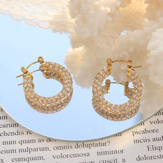 Picture of 1 Pair Vacuum Plating Exquisite Stylish 18K Real Gold Plated 304 Stainless Steel & Rhinestone U-shaped Hoop Earrings For Women 2.5cm x 2.2cm