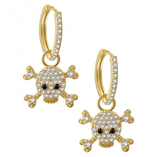 Picture of Eco-friendly Exquisite Stylish 18K Gold Plated Brass & Cubic Zirconia Skeleton Skull Micro Pave Earrings For Women 2.7cm x 1.5cm, 1 Pair