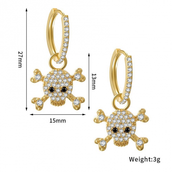 Bild von Umweltfreundlich Exquisit Stilvoll 18K Gold plattiert Messing & Kubisch Zirkonia Skelett Schädel Micro Pave Ohrring Für Frauen 2.7cm x 1.5cm, 1 Paar