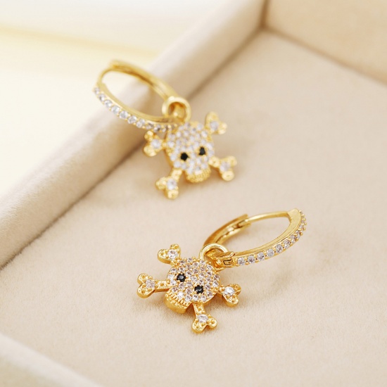 Picture of Eco-friendly Exquisite Stylish 18K Gold Plated Brass & Cubic Zirconia Skeleton Skull Micro Pave Earrings For Women 2.7cm x 1.5cm, 1 Pair
