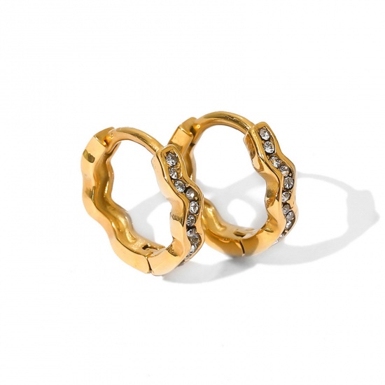 Immagine di Ecologico Squisito Elegante 18K Vero Oro Placcato 304 Acciaio Inossidabile & Zircone Cubico Onda orecchino cerchio Per Donne 1.4cm Dia., 1 Paio