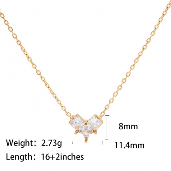 Picture of Eco-friendly Sweet & Cute Exquisite 18K Real Gold Plated 304 Stainless Steel & Cubic Zirconia Link Cable Chain Heart Pendant Necklace For Women Valentine's Day 40cm(15 6/8") long, 1 Piece