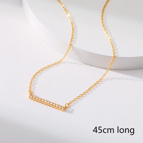 Picture of Eco-friendly Exquisite Stylish 18K Real Gold Plated Copper & Cubic Zirconia Link Cable Chain Strip Pendant Necklace For Women 45cm(17 6/8") long, 1 Piece