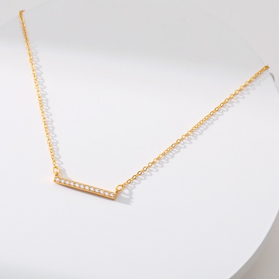 Picture of Eco-friendly Exquisite Stylish 18K Real Gold Plated Copper & Cubic Zirconia Link Cable Chain Strip Pendant Necklace For Women 45cm(17 6/8") long, 1 Piece