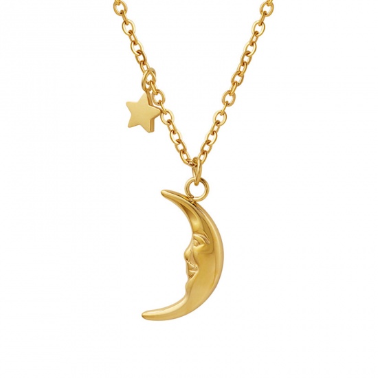 Picture of 1 Piece Vacuum Plating Simple & Casual Galaxy 18K Real Gold Plated 304 Stainless Steel Link Cable Chain Pentagram Star Moon Face Pendant Necklace For Women 40cm(15 6/8") long