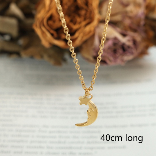 Picture of 1 Piece Vacuum Plating Simple & Casual Galaxy 18K Real Gold Plated 304 Stainless Steel Link Cable Chain Pentagram Star Moon Face Pendant Necklace For Women 40cm(15 6/8") long