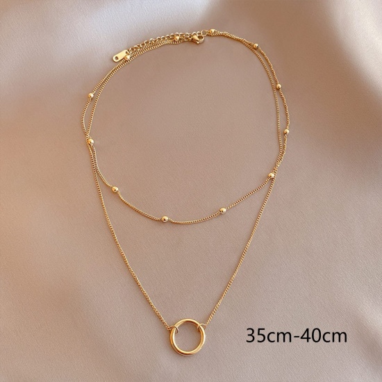 Picture of 1 Piece Vacuum Plating Simple & Casual Stylish 14K Real Gold Plated 304 Stainless Steel Ball Chain Circle Ring Multilayer Layered Necklace For Women 35cm - 40cm long