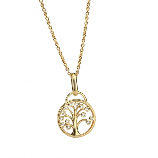 Picture of Eco-friendly Retro Stylish 18K Real Gold Plated Brass & Cubic Zirconia Link Cable Chain Round Tree of Life Hollow Pendant Necklace For Women Anniversary 45cm(17 6/8") long, 1 Piece