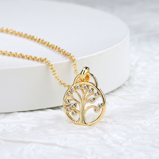 Picture of Eco-friendly Retro Stylish 18K Real Gold Plated Brass & Cubic Zirconia Link Cable Chain Round Tree of Life Hollow Pendant Necklace For Women Anniversary 45cm(17 6/8") long, 1 Piece