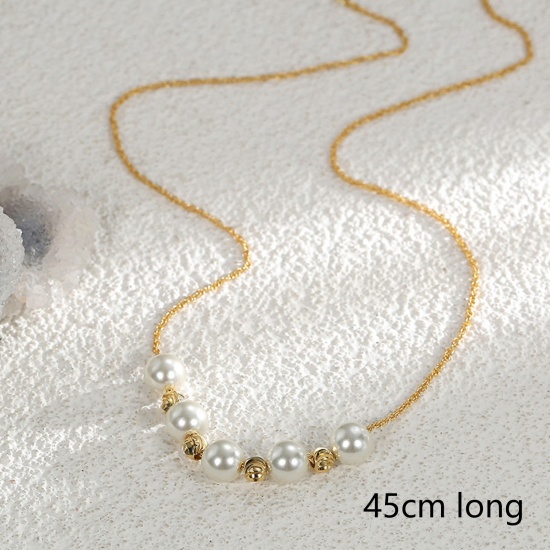 Picture of Eco-friendly Dainty Stylish 18K Real Gold Plated Pearl & Brass Braided Rope Chain Round Pendant Necklace For Women 45cm(17 6/8") long, 1 Piece