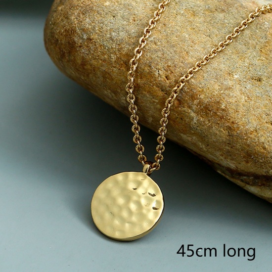 Picture of Eco-friendly Retro Stylish 14K Real Gold Plated Brass Curb Link Chain Round Embossing Pendant Necklace Unisex 40cm(15 6/8") long, 1 Piece