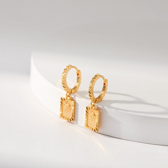 Bild von Umweltfreundlich Retro Stilvoll 18K Echtgold plattiert Messing Rechteck Sonne Ohrring Für Frauen 2,9cm x 0,9cm, 1 Paar