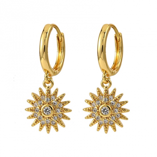 Picture of Eco-friendly Ins Style Stylish 14K Gold Plated Brass & Cubic Zirconia Sun Earrings For Women 2cm x 1cm, 1 Pair