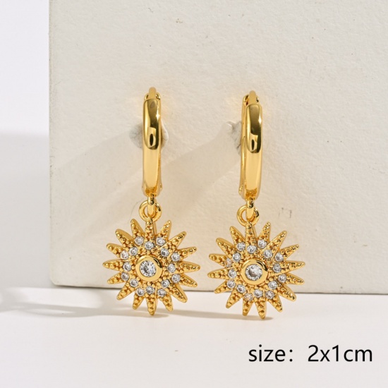 Picture of Eco-friendly Ins Style Stylish 14K Gold Plated Brass & Cubic Zirconia Sun Earrings For Women 2cm x 1cm, 1 Pair