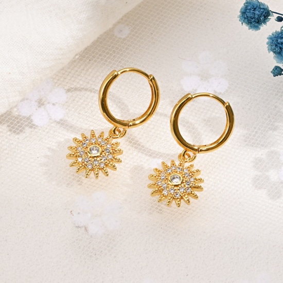 Picture of Eco-friendly Ins Style Stylish 14K Gold Plated Brass & Cubic Zirconia Sun Earrings For Women 2cm x 1cm, 1 Pair