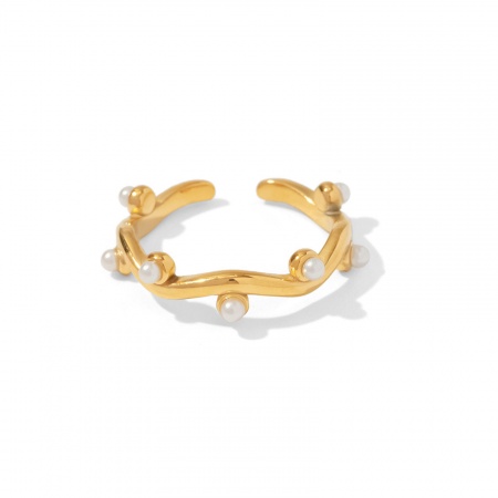 1 Pz Placcatura Sottovuoto Elegante Elegante 18K Vero Oro Placcato 304 Acciaio Inossidabile Aperto Regolabile Irregolare Imitata Perla Anello Per Donne 17mm (taglia di US: 6.5)