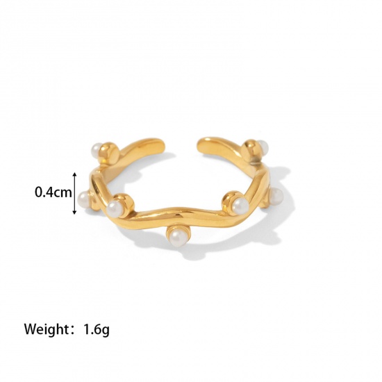 Picture of 1 Piece Vacuum Plating Dainty Stylish 18K Real Gold Plated 304 Stainless Steel Open Adjustable Irregular Imitation Pearl Rings For Women 17mm(US Size 6.5)