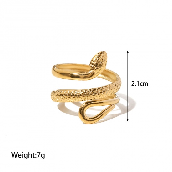 Picture of 1 Piece Vacuum Plating Retro Stylish 18K Real Gold Plated 304 Stainless Steel Open Snake Animal Texture Rings For Women 17mm(US Size 6.5)