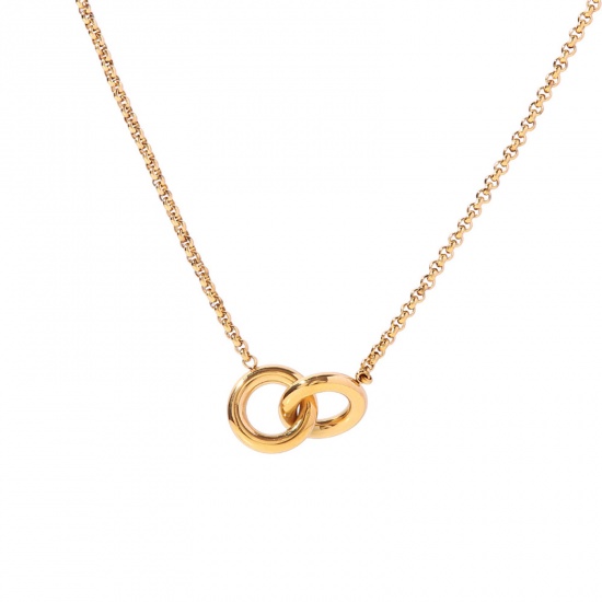 Picture of 1 Piece Vacuum Plating Simple & Casual Stylish 18K Real Gold Plated 304 Stainless Steel Curb Link Chain Bicyclic Pendant Necklace For Women 40cm(15 6/8") long