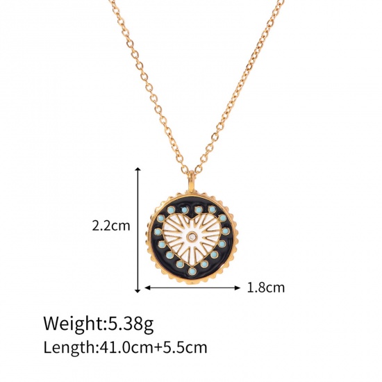 Picture of 1 Piece Vacuum Plating Retro Stylish 18K Real Gold Plated 304 Stainless Steel Link Cable Chain Round Evil Eye Pendant Necklace For Women 41cm(16 1/8") long