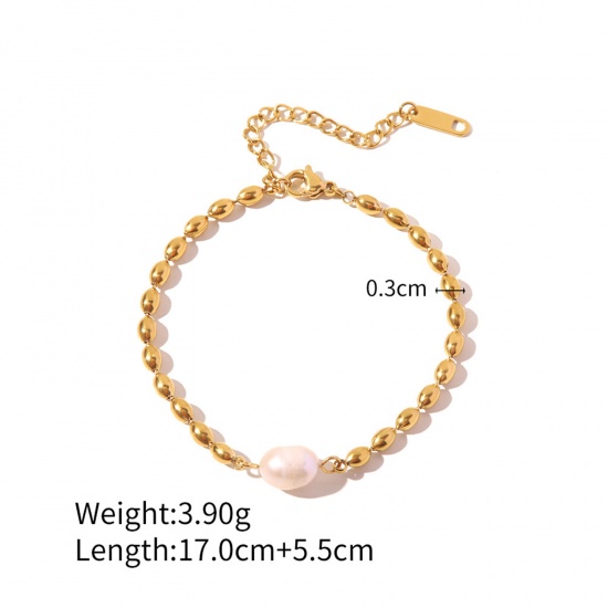 Picture of 1 Piece Vacuum Plating Dainty Stylish 18K Real Gold Plated 304 Stainless Steel & Natural Pearl Ball Chain Bracelets For Women 17cm(6 6/8") long