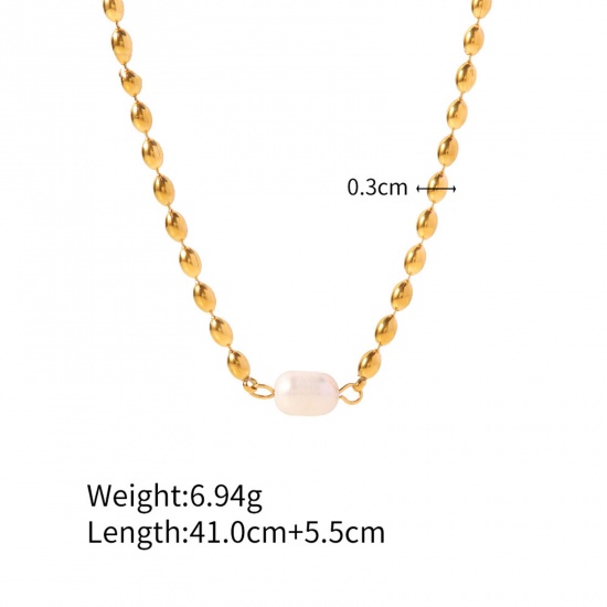 Picture of Eco-friendly Dainty Stylish 18K Real Gold Plated 304 Stainless Steel & Natural Pearl Ball Chain Necklace For Women 41cm(16 1/8") long, 1 Piece