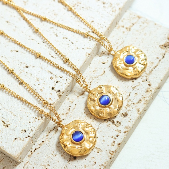 Picture of 1 Piece Vacuum Plating Retro Stylish 18K Real Gold Plated 304 Stainless Steel Link Chain Round Pendant Necklace For Women 40cm(15 6/8") long