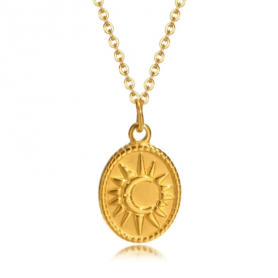 Picture of 1 Piece Vacuum Plating Retro Stylish 18K Real Gold Plated 304 Stainless Steel Rolo Chain Oval Sun Pendant Necklace For Women 40cm(15 6/8") long