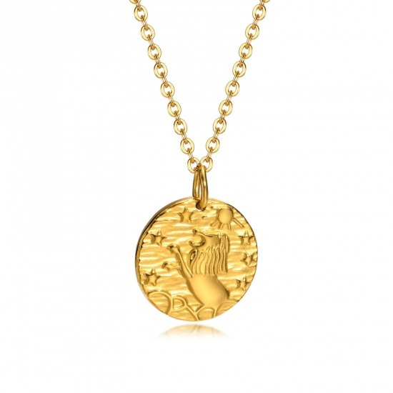 Picture of 1 Piece Vacuum Plating Retro Hammered 18K Real Gold Plated 304 Stainless Steel Rolo Chain Round Lion Pendant Necklace For Women 40cm(15 6/8") long