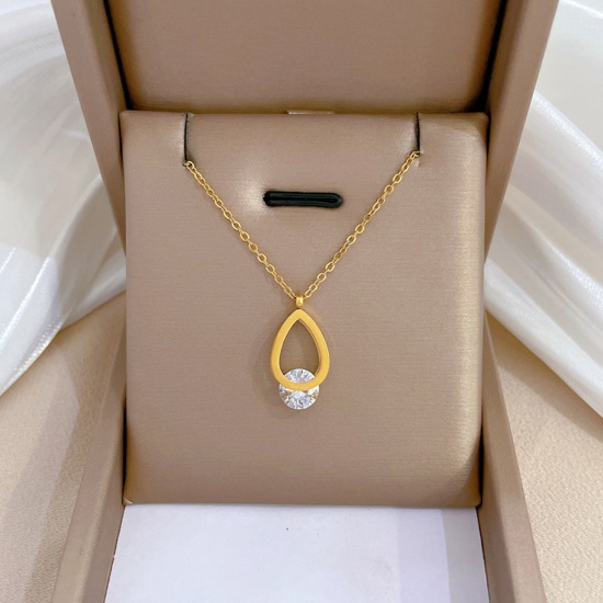 Picture of Eco-friendly Simple & Casual Stylish 18K Gold Plated 304 Stainless Steel & Cubic Zirconia Link Cable Chain Drop Pendant Necklace For Women 40cm(15 6/8") long, 1 Piece