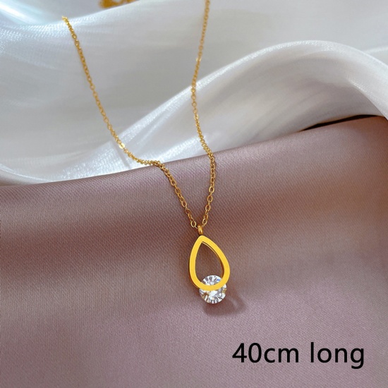 Picture of Eco-friendly Simple & Casual Stylish 18K Gold Plated 304 Stainless Steel & Cubic Zirconia Link Cable Chain Drop Pendant Necklace For Women 40cm(15 6/8") long, 1 Piece
