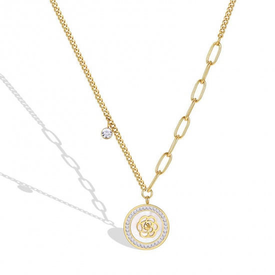 Picture of Eco-friendly Exquisite Stylish 18K Gold Color 304 Stainless Steel & Cubic Zirconia Link Chain Round Flower Splicing Pendant Necklace For Women 41cm(16 1/8") long, 1 Piece
