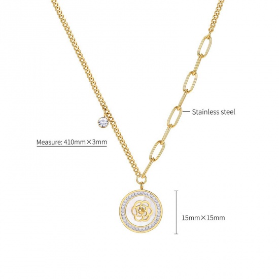 Picture of Eco-friendly Exquisite Stylish 18K Gold Color 304 Stainless Steel & Cubic Zirconia Link Chain Round Flower Splicing Pendant Necklace For Women 41cm(16 1/8") long, 1 Piece