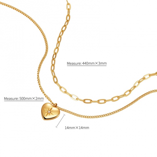 Picture of 1 Piece Vacuum Plating Simple & Casual Stylish 18K Gold Plated 304 Stainless Steel & Cubic Zirconia Link Cable Chain Heart Eight Pointed Star Multilayer Layered Necklace For Women 44cm - 50cm long