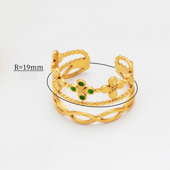 Bild von 1 Stück Vakuumbeschichtung Retro Stilvoll 18K Gold plattiert 304 Edelstahl & Zirkon Offen Verstellbar Geflochten Filigran Ring Für Frauen 19mm (US Größe 9)