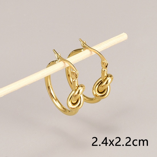 Picture of 1 Pair Vacuum Plating Simple & Casual Stylish 18K Gold Plated 316L Stainless Steel Knot Hoop Earrings For Women 24mm x 22mm