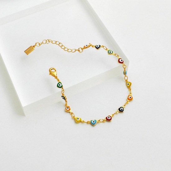 Picture of Eco-friendly Simple & Casual Stylish 18K Gold Plated Brass Link Chain Heart Evil Eye Enamel Bracelets For Women 15cm(5 7/8") long, 1 Piece