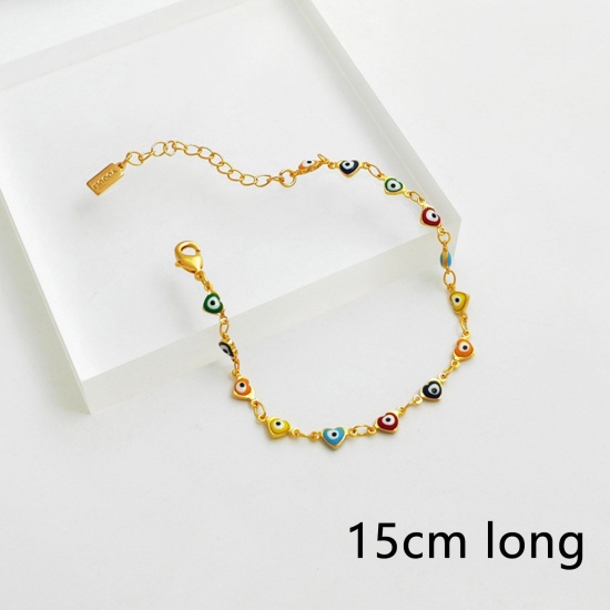 Picture of Eco-friendly Simple & Casual Stylish 18K Gold Plated Brass Link Chain Heart Evil Eye Enamel Bracelets For Women 15cm(5 7/8") long, 1 Piece