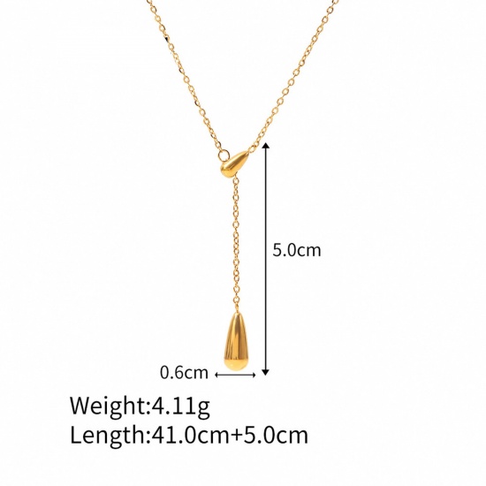 Picture of 1 Piece Vacuum Plating Simple & Casual Stylish 18K Real Gold Plated 304 Stainless Steel Link Cable Chain Tassel Drop Pendant Necklace For Women 41cm(16 1/8") long