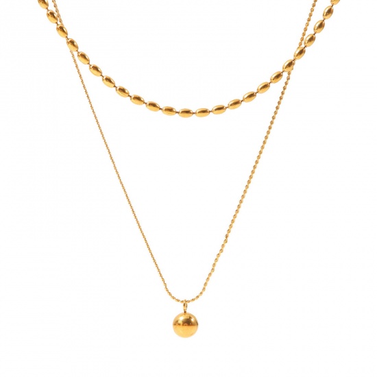 Picture of 1 Piece Vacuum Plating Simple & Casual Stylish 18K Real Gold Plated 304 Stainless Steel Ball Chain Round Multilayer Layered Necklace For Women 41cm - 46cm long