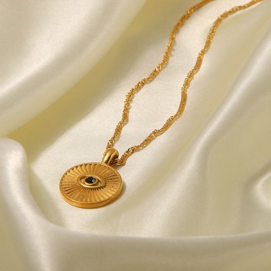 Picture of 1 Piece Vacuum Plating Simple & Casual Stylish 18K Real Gold Plated 304 Stainless Steel Link Cable Chain Round Evil Eye Pendant Necklace For Women 41cm(16 1/8") long