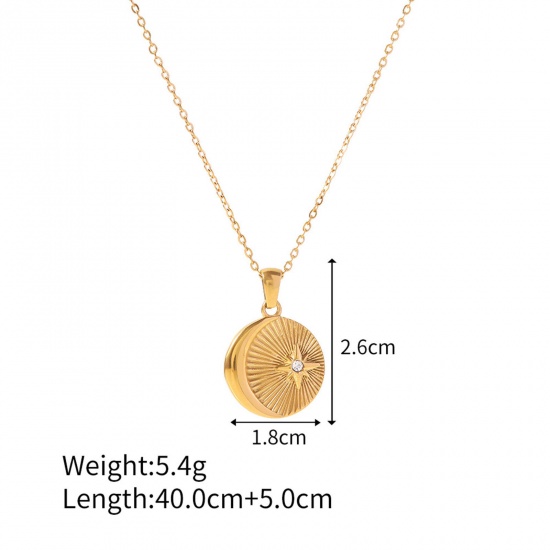 Picture of 1 Piece Vacuum Plating Simple & Casual Stylish 18K Real Gold Plated 304 Stainless Steel & Cubic Zirconia Link Cable Chain Round Star Pendant Necklace For Women 40cm(15 6/8") long