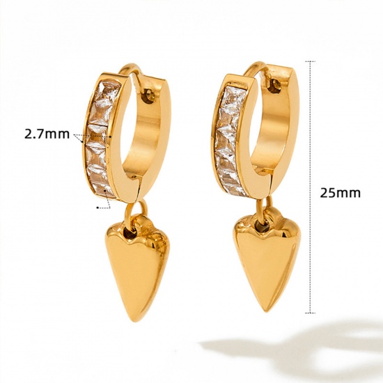Picture of 1 Pair Vacuum Plating Sweet & Cute Stylish 14K Real Gold Plated Green 304 Stainless Steel & Cubic Zirconia Triangle Heart Micro Pave Earrings For Women Anniversary 2.5cm x 1cm