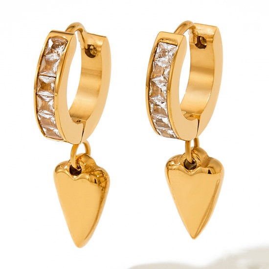Picture of 1 Pair Vacuum Plating Sweet & Cute Stylish 14K Real Gold Plated Transparent Clear 304 Stainless Steel & Cubic Zirconia Triangle Heart Micro Pave Earrings For Women Anniversary 2.5cm x 1cm