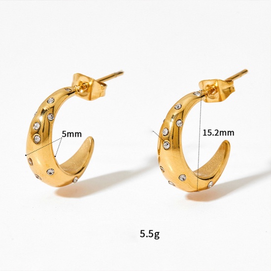 Picture of 1 Pair Vacuum Plating Exquisite Retro 14K Real Gold Plated 304 Stainless Steel & Cubic Zirconia Half Moon Micro Pave Hoop Earrings For Women Anniversary 1.5cm x 1.5cm