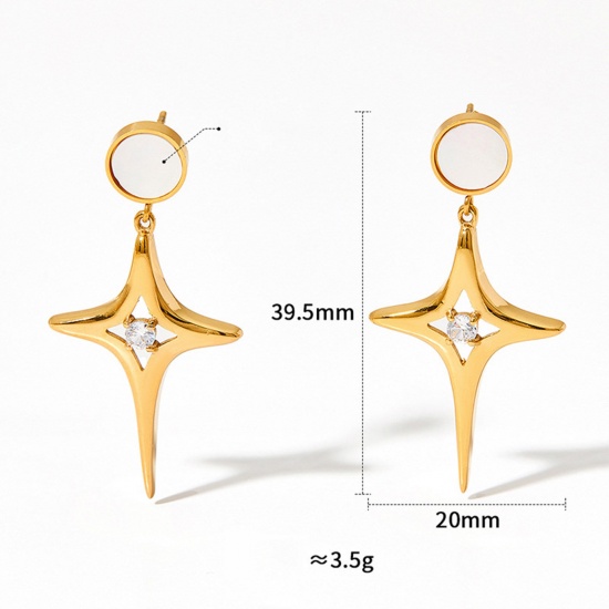 Picture of 1 Pair Vacuum Plating Exquisite Stylish 14K Real Gold Plated 304 Stainless Steel & Cubic Zirconia Star Earrings For Women 4cm x 2cm